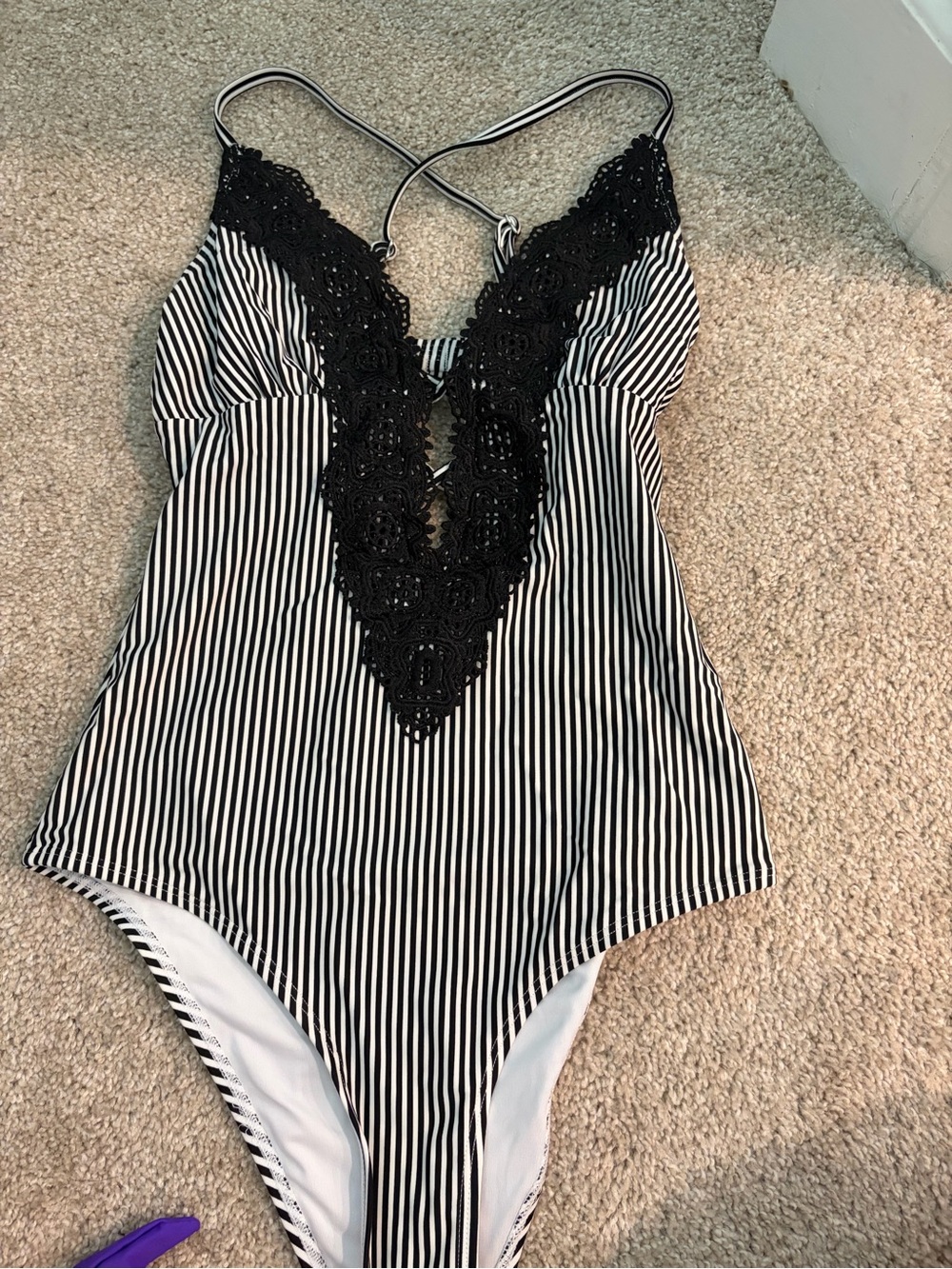 Cupshe Black & White Striped One-Piece with Lace Plunge